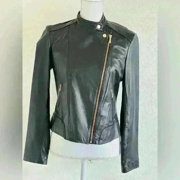 Cole Haan Band Collar Women’s Leather Moto Jacket Size Small - Picture 2 of 11